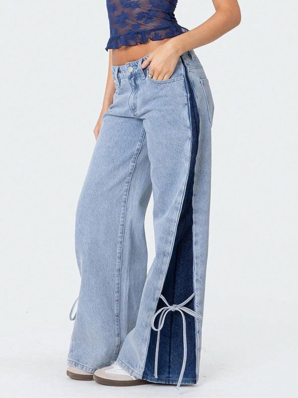 Womens Fall Baggy Jeans Light Blue Side Strap Bows Contrast Color Loose Leisure Wide Leg Trousers