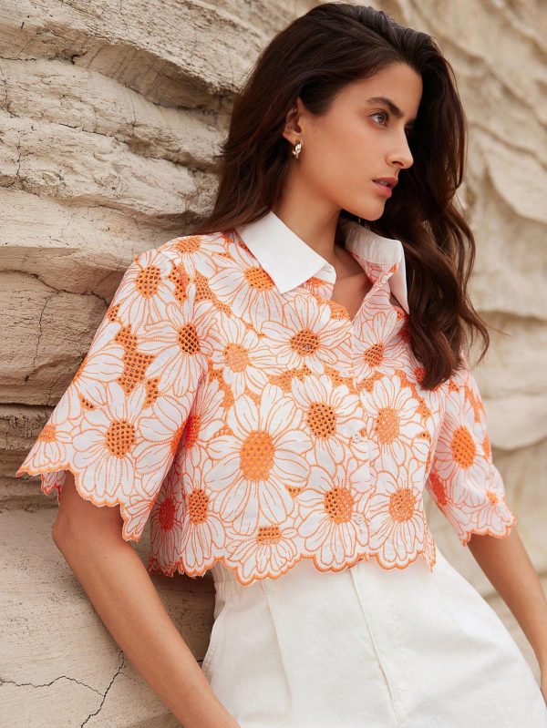 Random Elegant Daisy Embroidery Hollow Out Shirt,Short Sleeve Tops