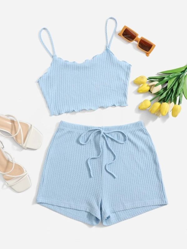 SHEIN EZwear Waffle Knit Lettuce Trim Cami Top & Shorts Set