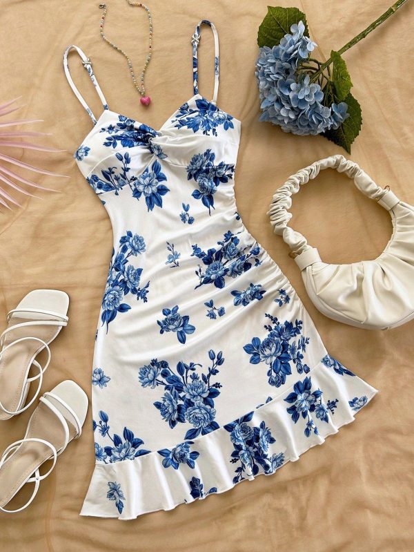 Women's Holiday Blue & White Floral Print Cami Dress With Metal Buckle Strap, Twisted Bust, Asymmetric Ruffle Hem Mini A-Line Dress, For Date, Afternoon Tea,Rave Outfits Festival,Summer Dresses For Women
