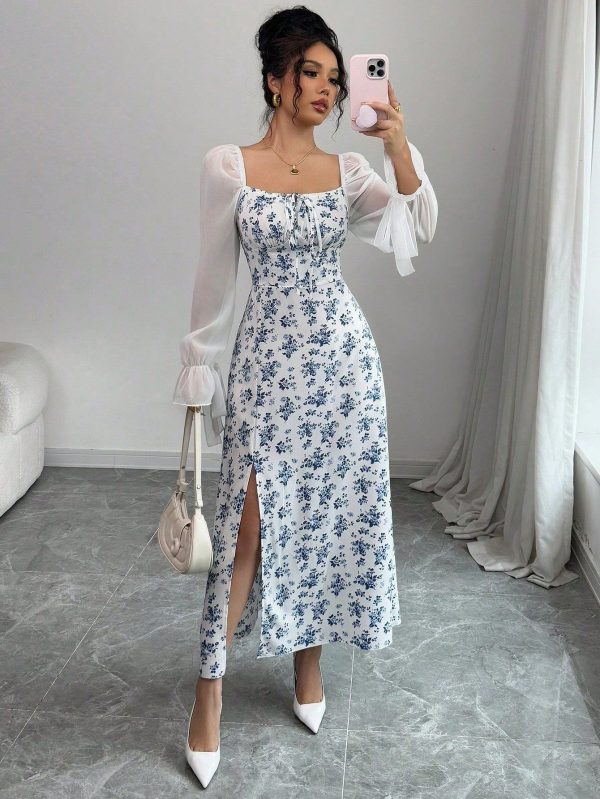 Women's Vacation Spliced Ditsy Floral Mesh Long Sleeve Elegant Dress