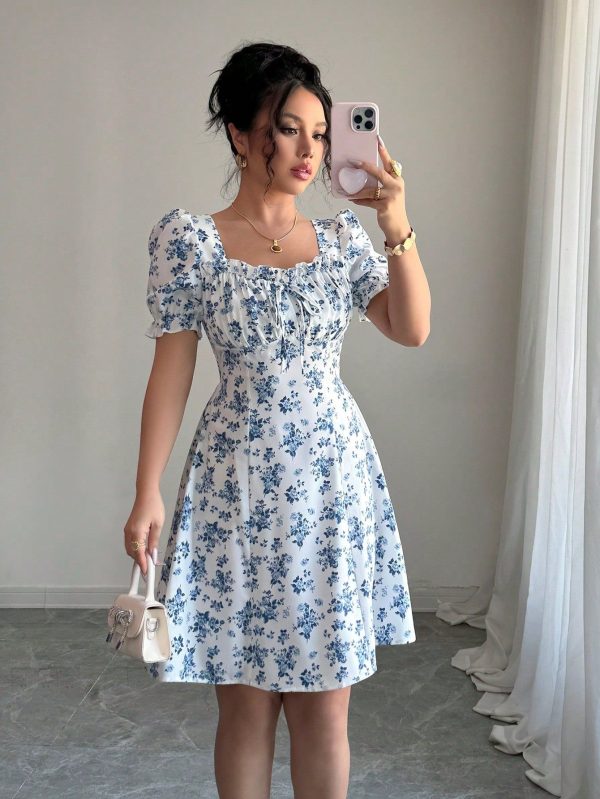 Women Elegant Floral Print Square Neck Mini Dress, Ruffled Hem & Sleeves, Suitable For Spring, Summer, Fall
