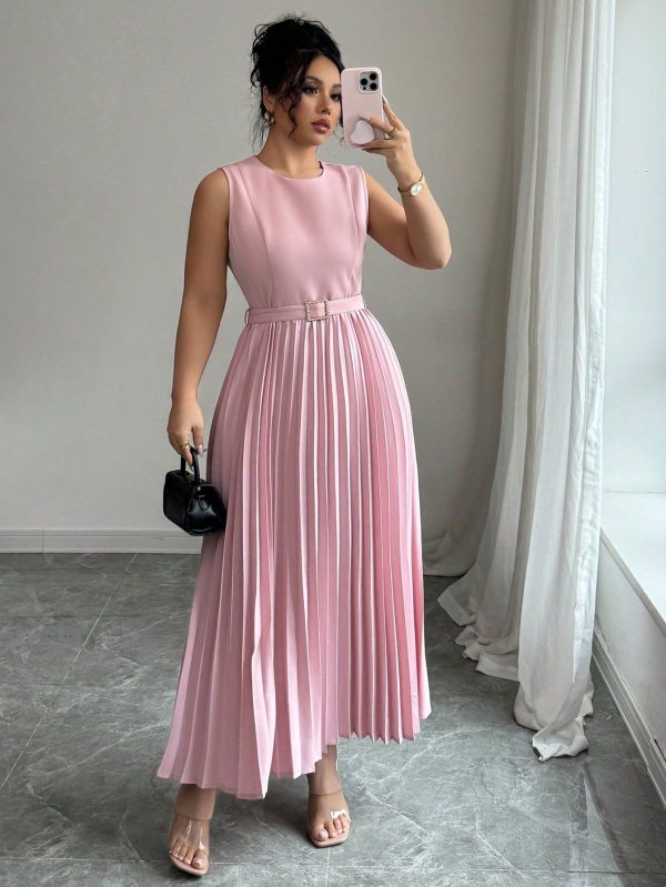 Women's Simple Elegant Spring/Summer Formal Dress, Sleeveless Round Neck Waisted Belt A-Line Pleated Dress For Office, Casual, Vacation, Afternoon Tea