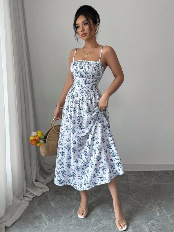 Elegant Romantic Bohemian Holiday Pleated Tie Bow Floral White & Blue Midi Dress For Women