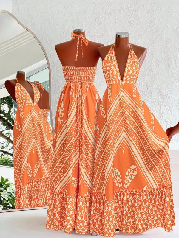 Plus Size Women Floral Print Casual Halter Neck Dress, Holiday Style