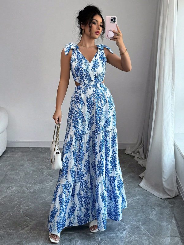 Women's Elegant Plant Print Tie-Up Back Dress, Summer