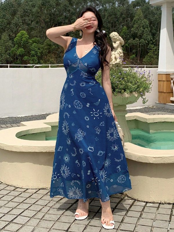 Summer Holiday Blue & White Porcelain, Floral, Plant Retro Printed Hollow Out Mesh Sexy Fitted V-Neck Midi Dress For Women