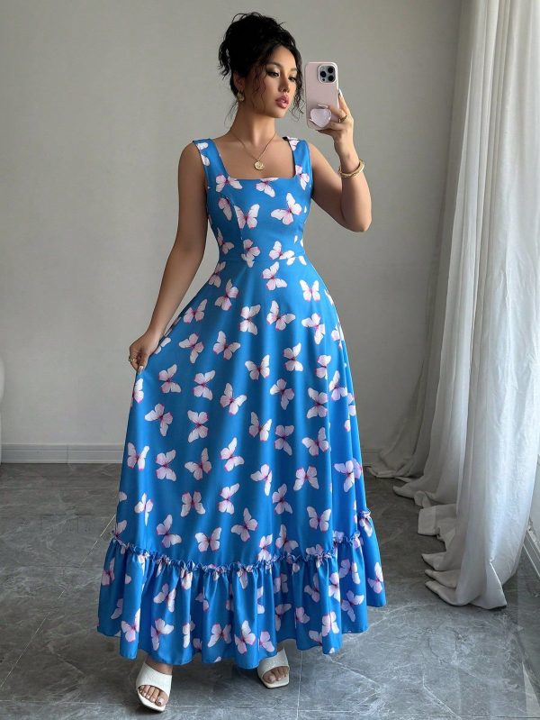 Square Neck Butterfly Print Long Wide Swing Dress