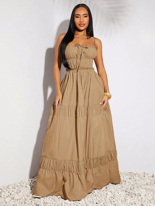 Sundress;Spring Summer Vacation Wedding Valentine's Day Women's Elegant Western Style Clothing Gray Khaki Imitation Linen Fabric Large Halter Halter Fold Design A Swing Long Dress