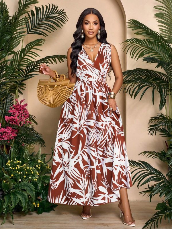 Women's Sleeveless Elastic Waist Long Dress, Random Floral Print, Suitable For Summer Vacation, Daily Wear, Boho Festival, Seaside Vacation, Beach Travel, Dating, Commuting, Elegant