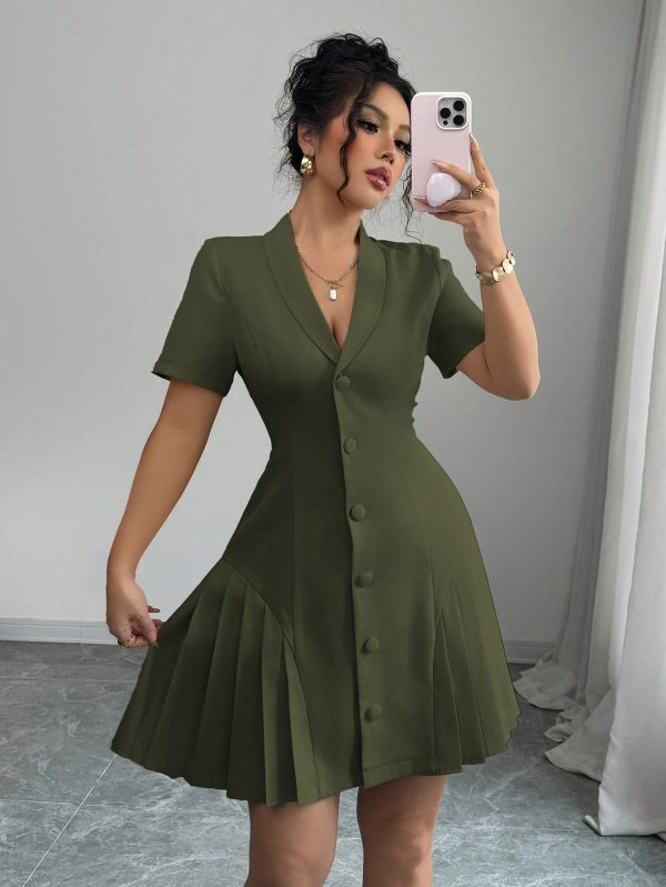 Women's Elegant Solid Color French Style Turndown Collar Button Decoration Waist A-Line Pleated Hem Short Sleeve Mini Dress, Suitable For Commute, Casual, Holiday