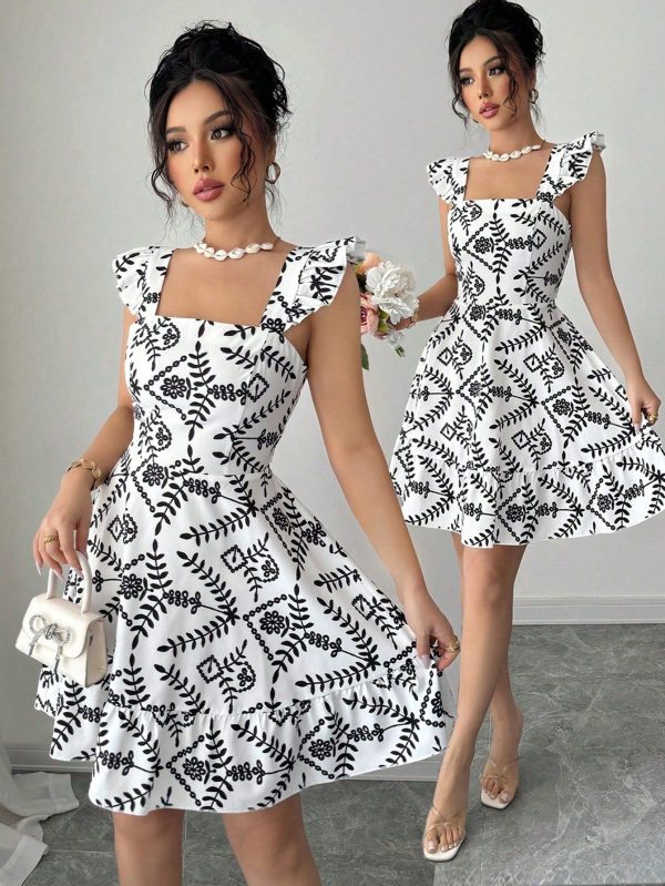 Women's Printed Ruched Waist Design Back Tie Up Casual Daytime Vacation Commute Mini Cap Sleeve Dress