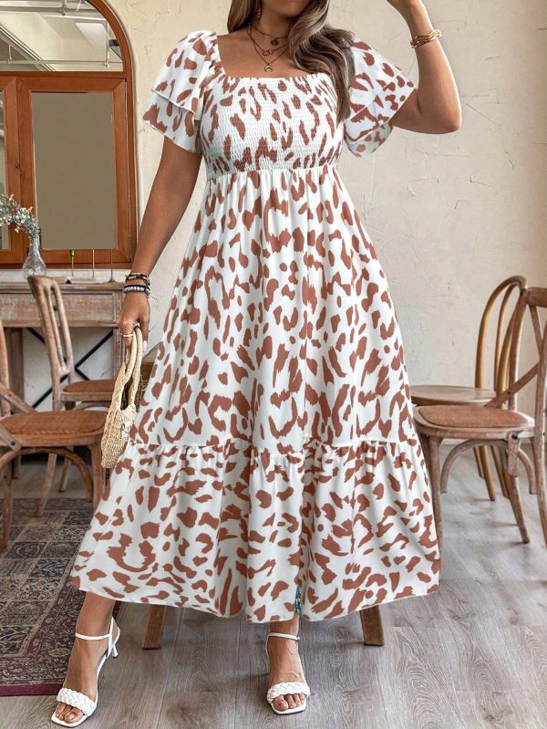 Fashionable Leopard Print Dress, Slimming Vacation Style Casual Dress, Feminine Ruffle Sleeve Waist-Cinched Midi Dress French Vacation Dress, New Summer Waist-Defined Printed Puff Sleeve Dress French Retro Niche Leopard Print Crew Neck Short Sleeve Cinched Waist Midi Dress, Summer New French Intellectual Ditsy Floral Crew Neck Puff Sleeve Cinched Waist Reducing Age Graceful Dress, 2025 New