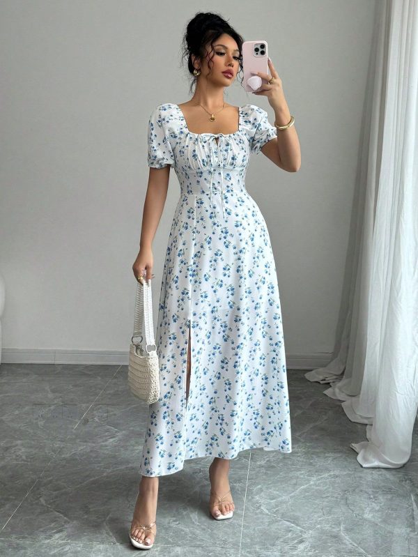 Elegant Women Ditsy Floral Long Slit Dress