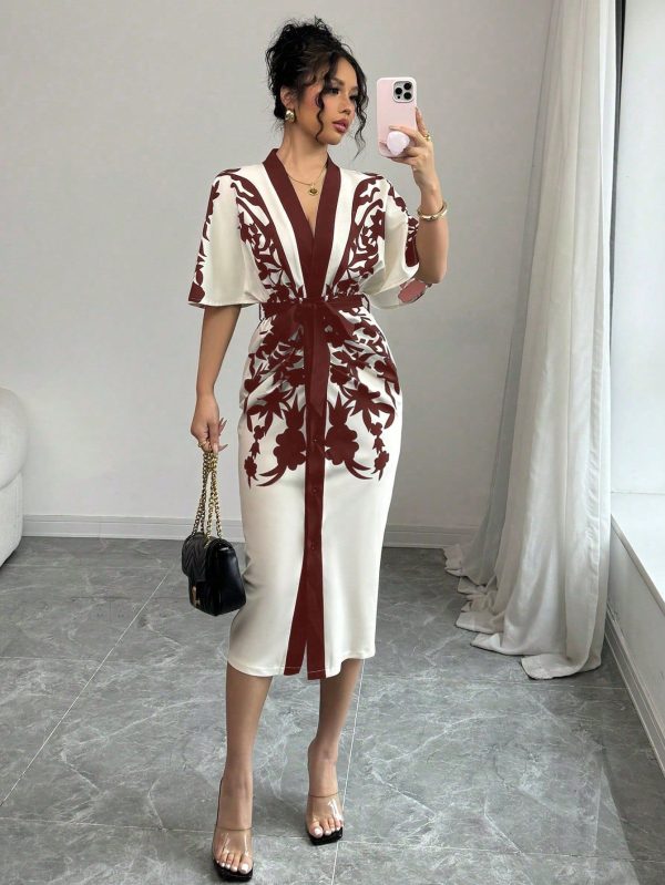 Women's Plant Print V-Neck Short Sleeve Slim Fit Elegant Midi Dress, Suitable For Vacation