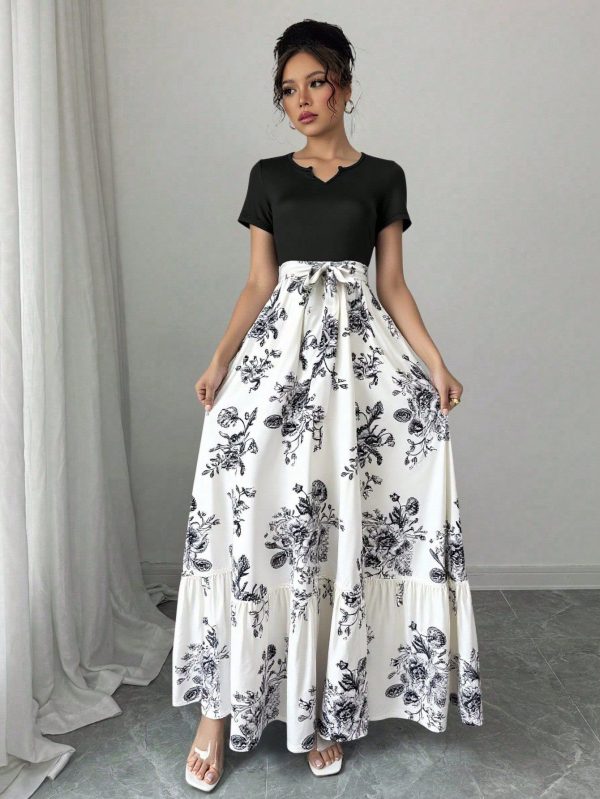 Women's Elegant Notched Neck Short Sleeve Knit Patchwork Printed Woven Dress