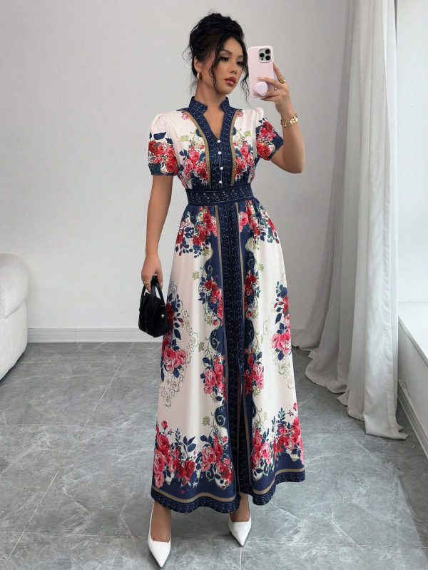 Floral Print Stand Collar Puff Sleeve Dress For Women