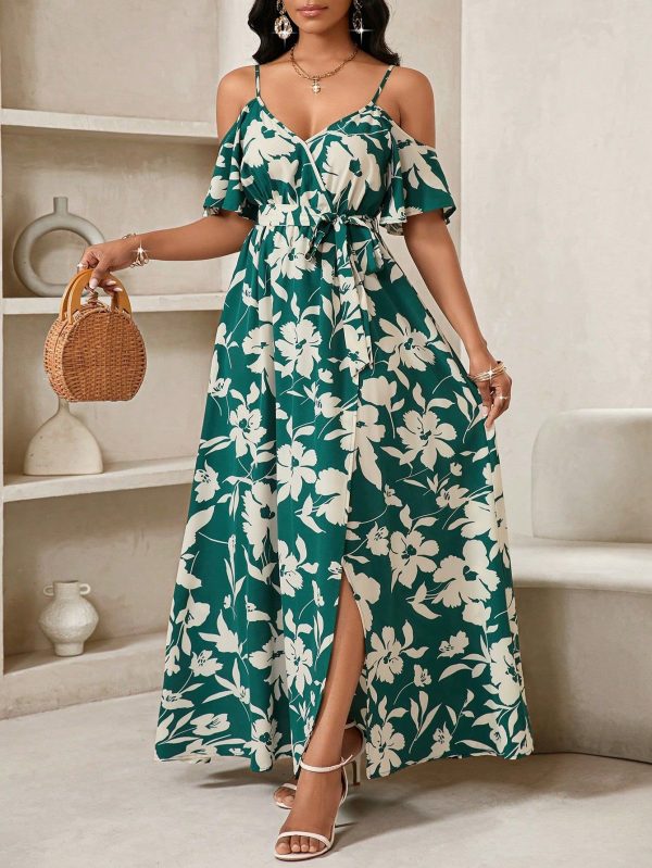 Women's Floral Print Open Shoulder Slit Hem Dress, Elegant Resort Wear Summer Outfits For Women Vacation Outfits Women Summer Clothes Dresses For Women Summer Beach Vacation Dress