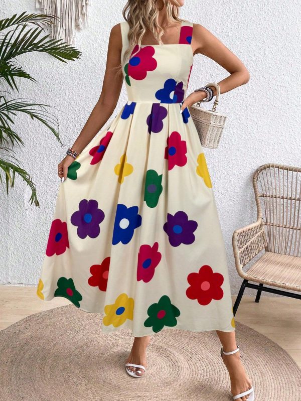 Women Floral Print Square Neck Sleeveless Dress Maxi Women Outfit