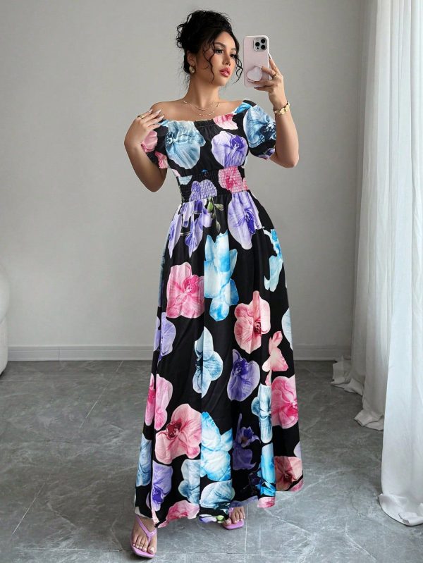 French Elegant Square Neck Lantern Sleeve Ruffle Hem Floral Print Flowy Dress, Boho Resort Long Dress