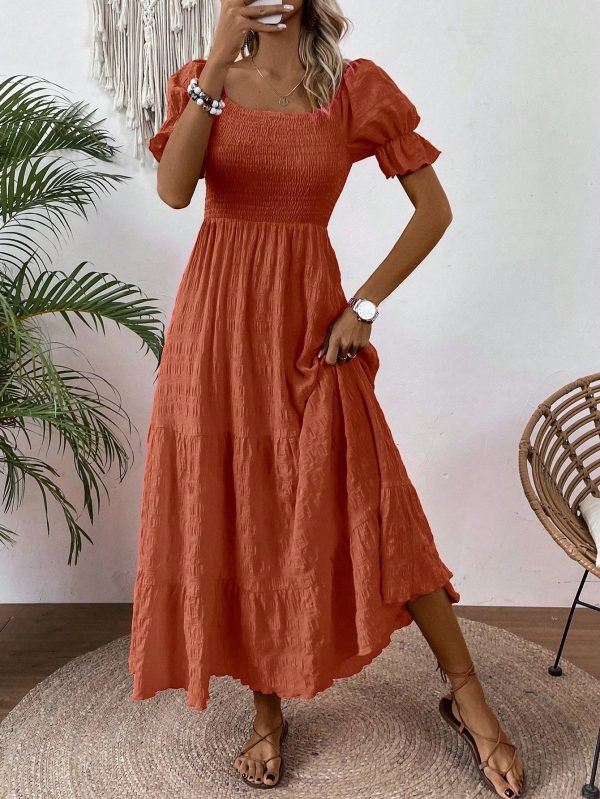 Women'S Shirred Panel & Ruffle Hem Decor Dress Maxi Women Outfit