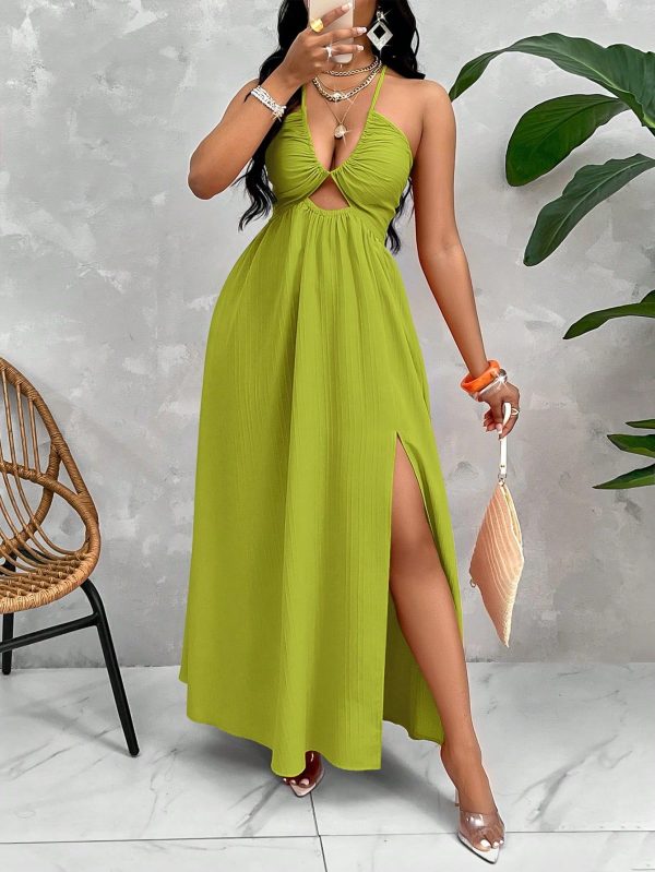 Crisscross Tie Backless Halter Swing Dress Maxi Women Outfit