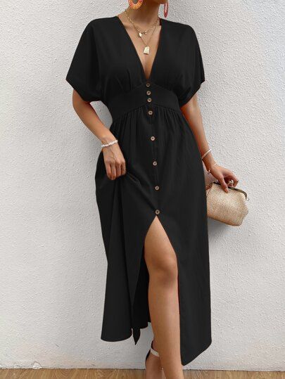 Rafferiza Batwing Sleeve Button Front Split Hem Dress Maxi Women Outfit