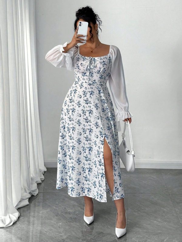 Women's Plus Size Elegant Ditsy Floral Long Sleeve Dress, Fashionable & Versatile Ladylike Dress