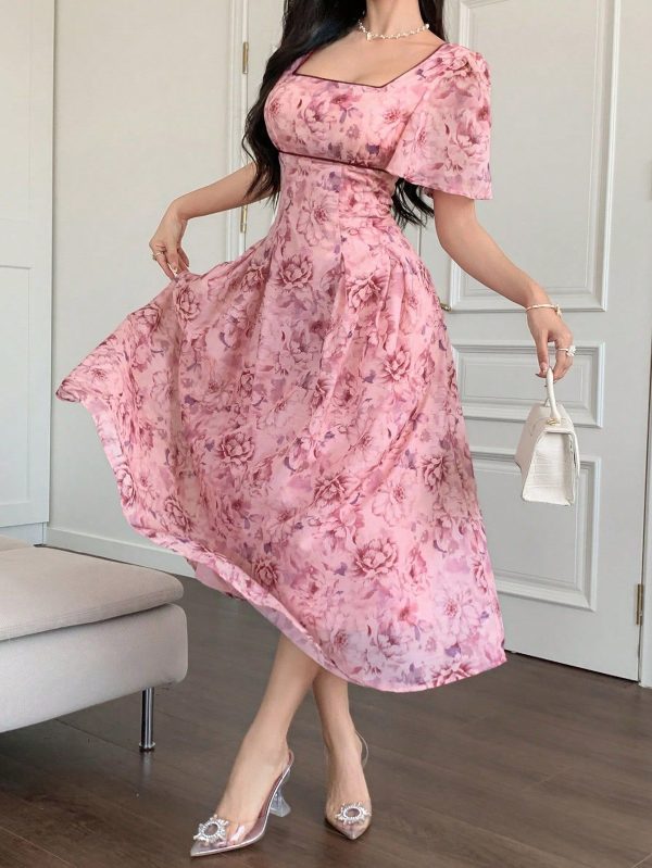 Women's Summer French Retro Square Collar Puff Sleeve Ditsy Floral Midi Dress