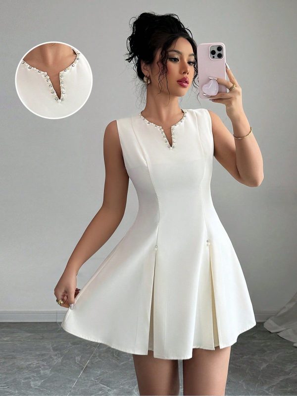 Women Elegant Pearl Decor Sleeveless Short Dress, Summer