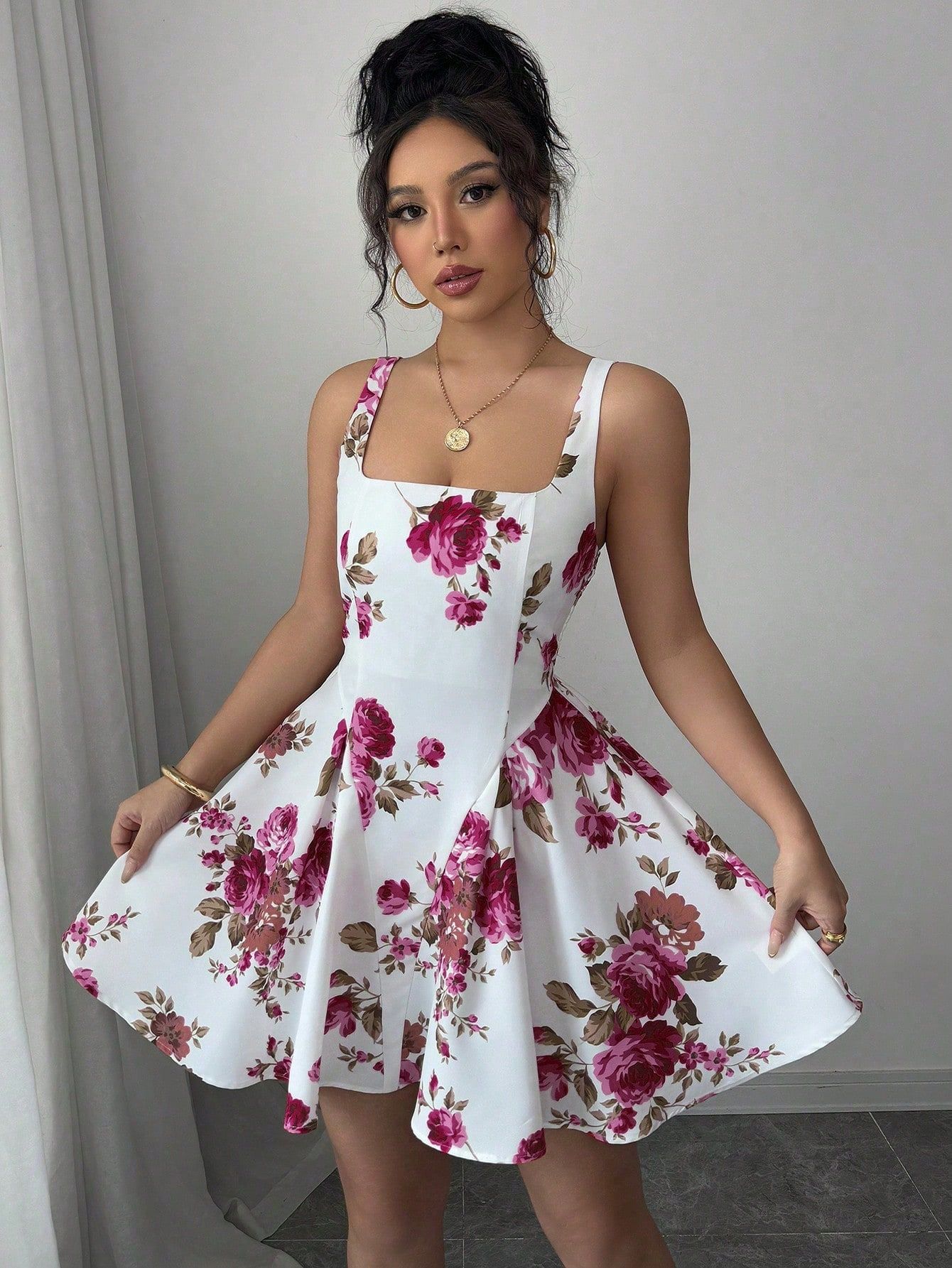 Women's Elegant Floral Print Short Dress, Summer