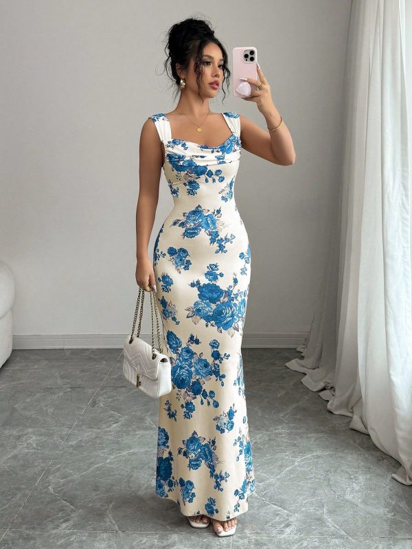 Women's Plunging Neck Rose Floral Print Sweetheart Neck Sleeveless Dress