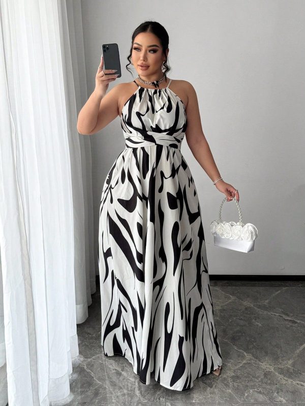 Plus Size Women's Spring & Summer Sexy Elegant Commute Simple Black & White Stripe Print Cinched Waist A-Line Dress, Suitable For Everyday Wear, Business, Commuting, Elegant, Casual, Shopping, Streetwear, Going Out, , Easy To Match, Looks Slim, Accentuates The Body, Flatters The Figure