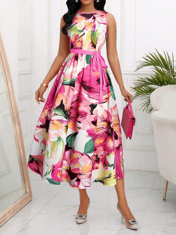 Women'S Sleeveless Round Neck Floral Printed Dress Maxi Women Outfit