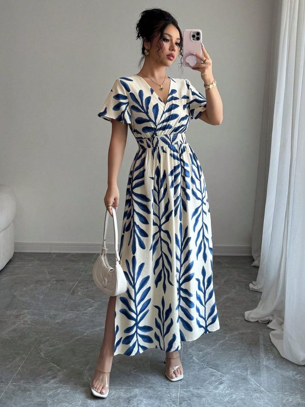 Women's Resort Style Beach Dress, French Elegant Flared Sleeve Crossover Shirred Waist Drawstring Adjustable Hem Two Side Slit A-Line Dress For Spring/Summer Party, Tea Time