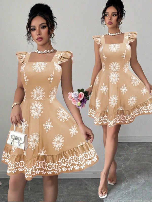 Women's Print Cinched Waist Back Tie Design Casual Vacation Commute Mini Cap Sleeve Dress