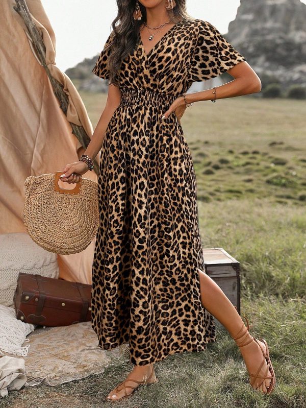 Leopard Print Split Thigh Dress Maxi Women Outfit