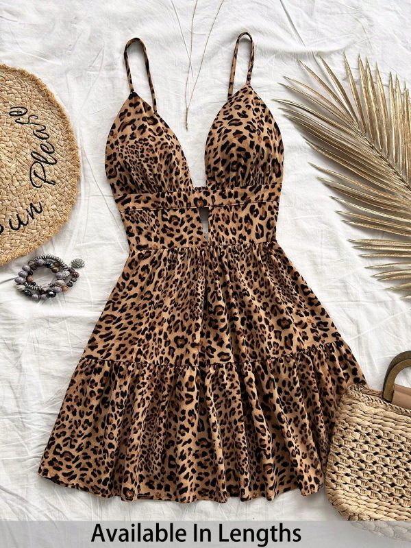 Plus Size Women Vacation Black Floral Fragments Layer Hem Cami Waist A Leopard Dress,Beach Dress Sundress,Holiday Outfits Boho