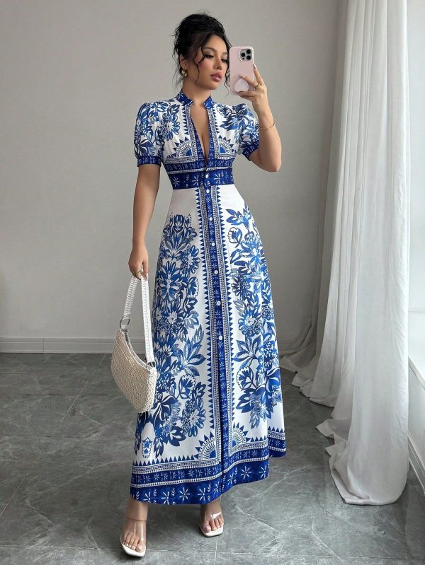 Women V-Neck Button Floral Print Elegant Short Sleeve Dress