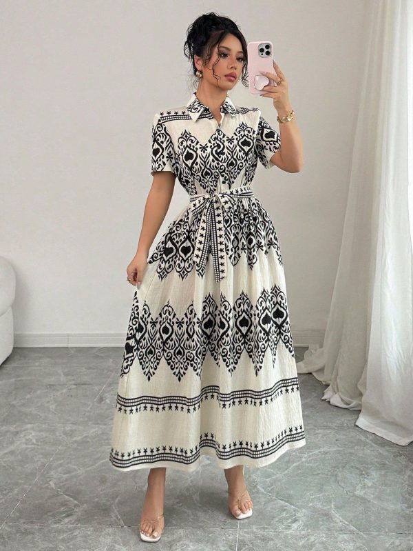 Daily Casual Vacation Tie-Up Collar Short Sleeve Cinched Waist A-Line Dress, Black & White Women Wear, Spring & Summer