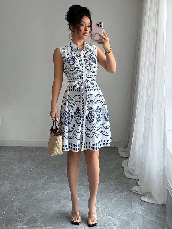 Women's Casual Printed Front Button Sleeveless Mini Dress