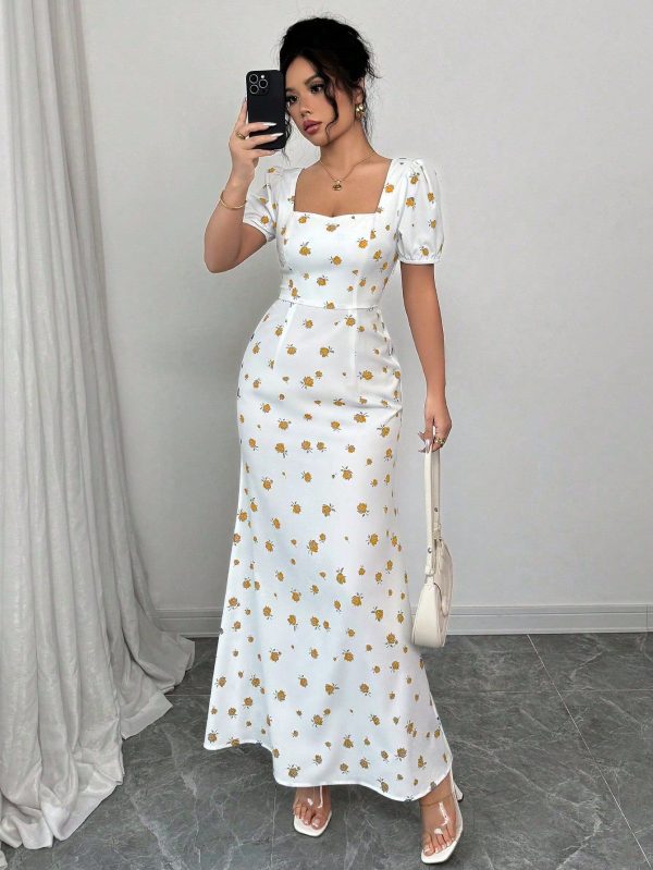 Women's Floral Print Sweetheart Neck Puff Sleeve Dress, Vacation Style