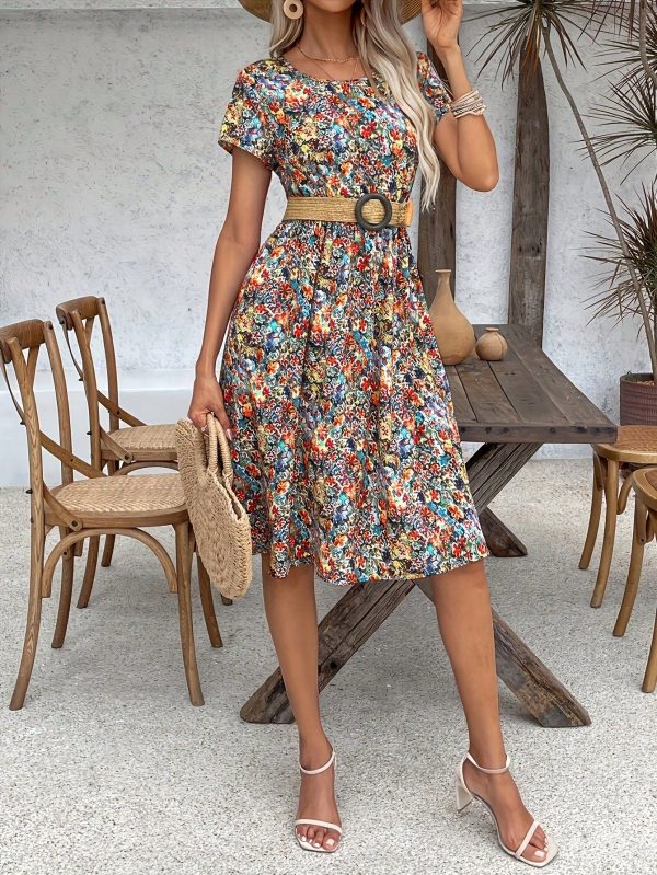 Summer Elegant Vacation Casual Women Ditsy Floral Mid-Length Round Neck Cinched Waist Long Dress