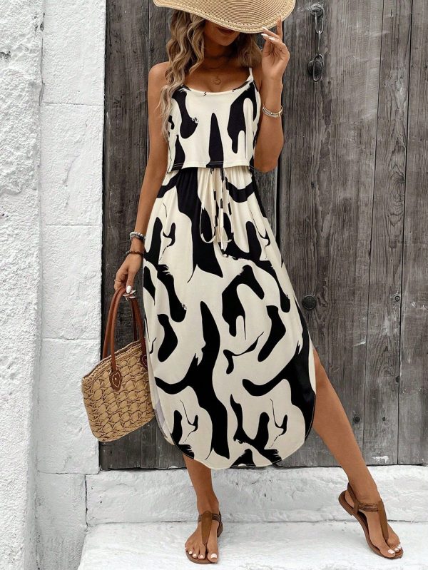 Drawstring Waist, Bowknot , Side Slit Asymmetrical Hem Strap Dress With Brush Stroke Print, Casual Vacation Elegant Dress For Women,Summer Dresses For Women