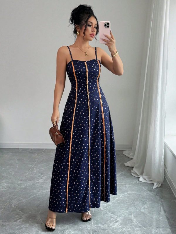 Women's Allover Print Contrast Trim Long Cami Dress