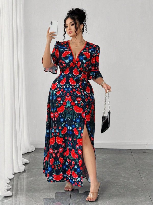 Plus Size Frill Sleeve Thigh Split Open Back Maxi Dress With Lace Trim Plunge V-Neckline And Maxi-Length Skirt Romantic Dress Blackless Sexy Red Dress Formal Women Dresses Elegant Summer Women Outfit Beach Women Outfits Vacation Holiday Style Women Dress