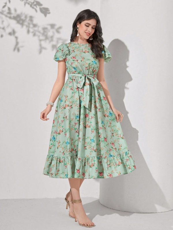 Floral Print Ruffle Hem Belted Dress
