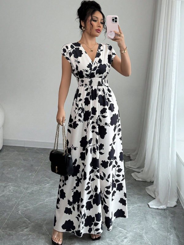 Women V-Neck All-Over Allover Print Casual Long Dress