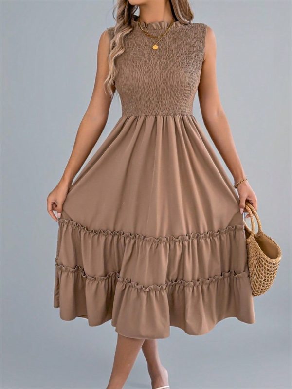 Summer Casual Sleeveless Drawstring Neck Ruffle Trim Waist Ruffles Hem Midi Beach Vacation Dress, Khaki