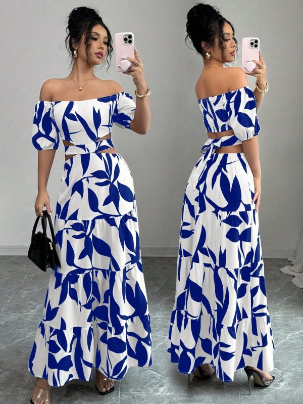 Women Off Shoulder Tie-Up Hollow-Out Vacation Dress (Random Floral Pattern)